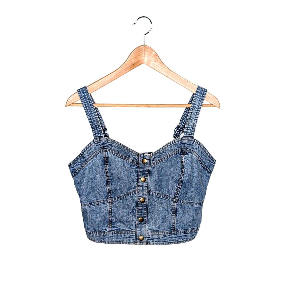 Japna Denim Bustier Crop Top XL Smocked Medium Wash Y2K Festival Coastal Cowgirl